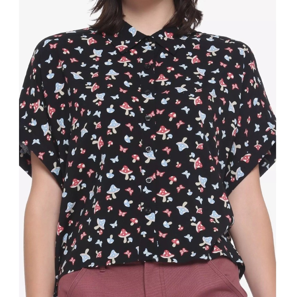 Hot Topic black Mushroom Butterfly button‎ up blouse short sleeves whimsy XL NWT